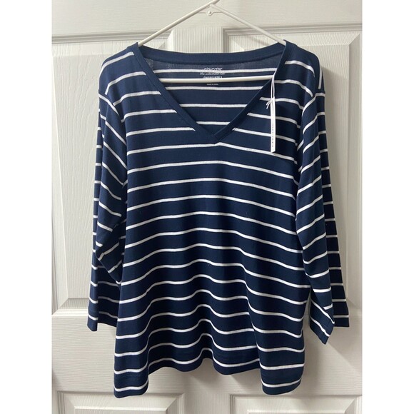 NWT Chicos ultimate tee size 3 Women XL Navy Blue Stripe Nautical Coastal V Neck - Picture 1 of 9